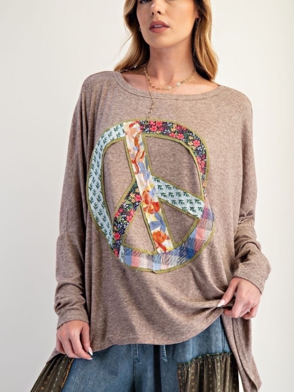 New Easel Women's Peace Patchwork Tunic Pullover Top Lightweight Small Relaxed